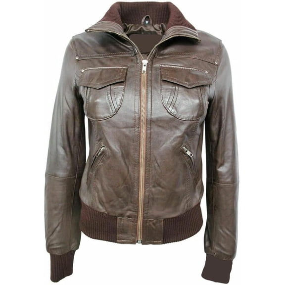 Women's Genuine Brown Lambskin Leather Jacket Motorcycle Slim fit Biker Jacket W462