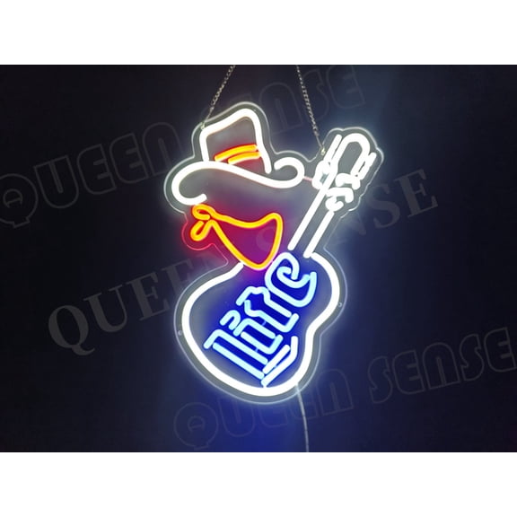Queen Sense 16"x14" Millers Lite Cowboy Guitar LED Neon Sign for Wall Decor Dimmable USB Powered LED Light W116MLCG-5VLED