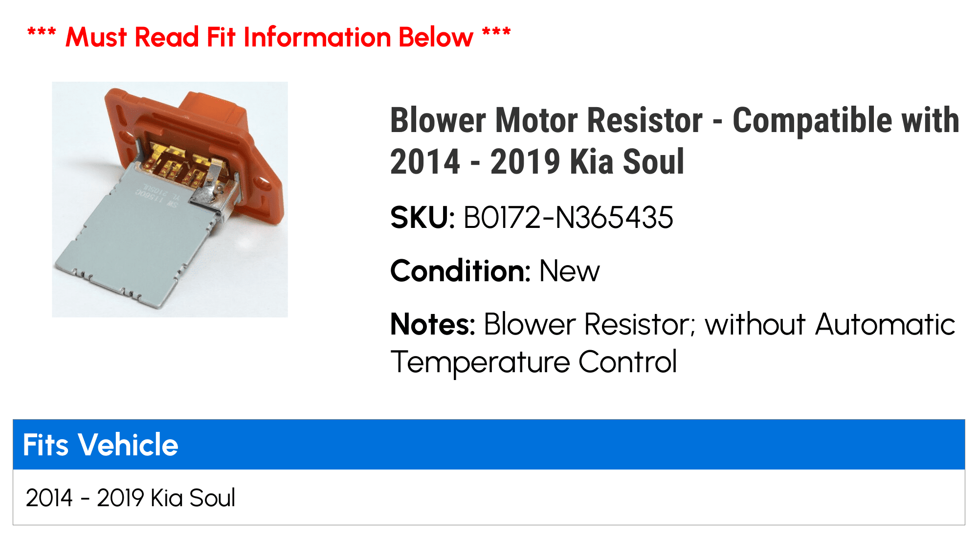 Blower Motor Resistor - Compatible with 2014 - 2019 Kia Soul 2015 2016 2017 2018