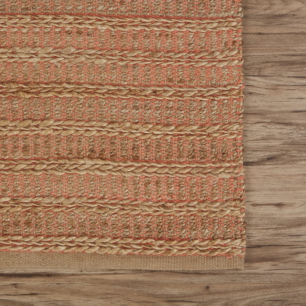 LR Home Ollie 9' x 12' Brown/Coral Striped Braided Jute Indoor Area Rug