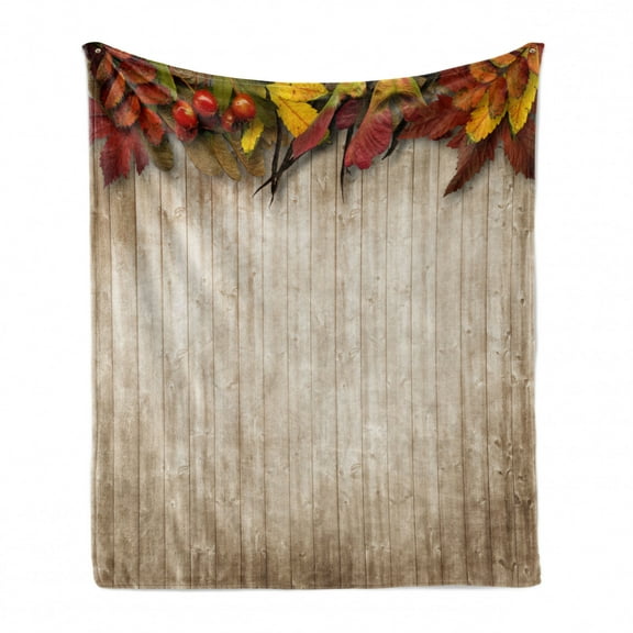 Fall Soft Flannel Fleece Throw Blanket, Autumn Leaves and Berries Border on Vintage Wooden Background Botanical Vivid Print, Cozy Plush for Indoor and Outdoor Use, 70" x 90", Multicolor, by Ambesonne