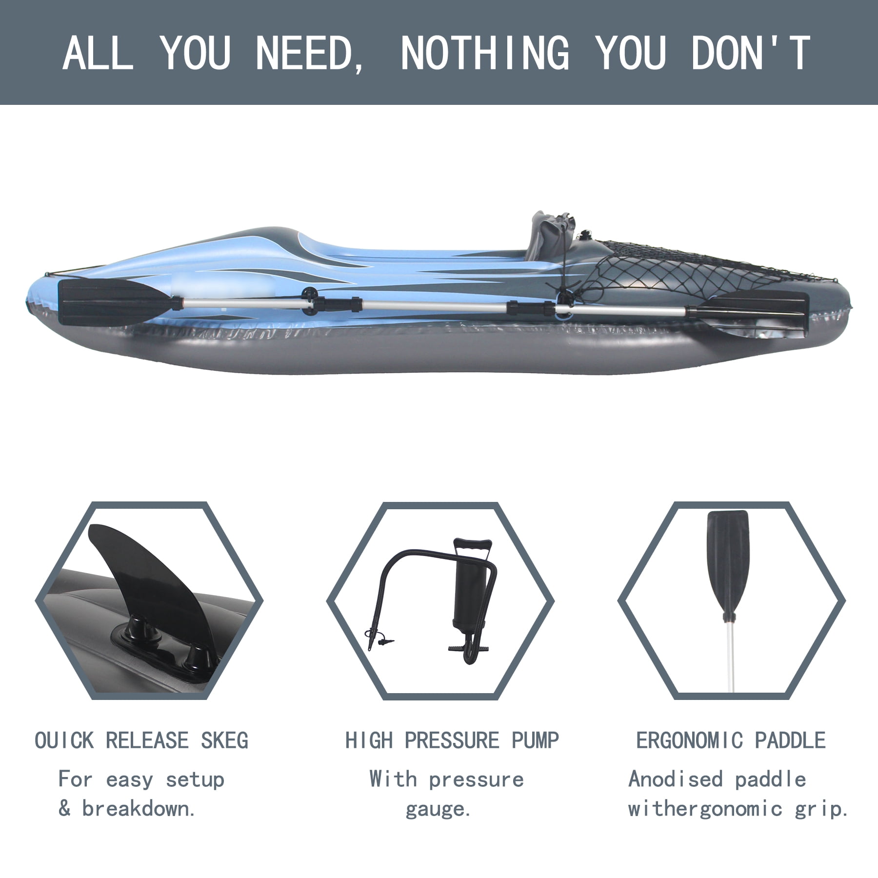 Inflatable Kayak 1 Person Adult Canoe with Adjustable Seat, Aluminum Oars & Hand Pump, Blue