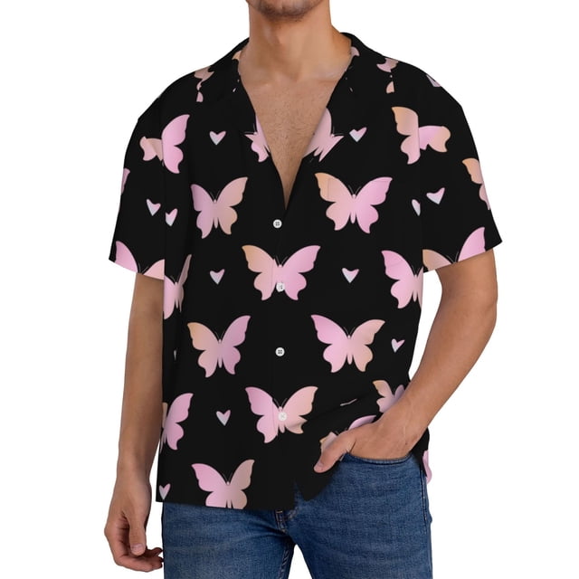 Fotbe Gradient Butterfly Camisa Estampada de Manga Corta para Hombre, Casual de Verano, Estilo Playero, Sin Arrugas-3X-Large