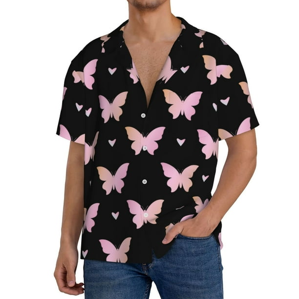 Balery Gradient Butterfly Camisa Casual de Manga Corta con Botones para Hombre, Texturizada, Estilo Cubano, para Playa, Verano-Medium