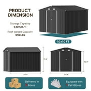 10x10 FT Sheds & Outdoor Storage with Lockable Doors, Waterproof | Galvanized Steel Garden Shed for Outdoors | Dark Grey