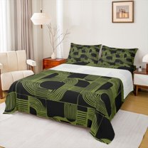 Feelyou Modern Cycle Square Queen Sheet Sets for Teen, Chic Stripes Ombre Flat Sheet, Black Green Patchwork Queen Fitted Sheet, Luxury Bedroom Decor, 4 Pieces