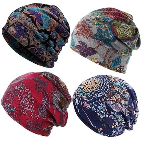 4-Pack Bohemian Floral Knit Beanie for Women, Soft Polyester Hat Headwear for Fall & Winter