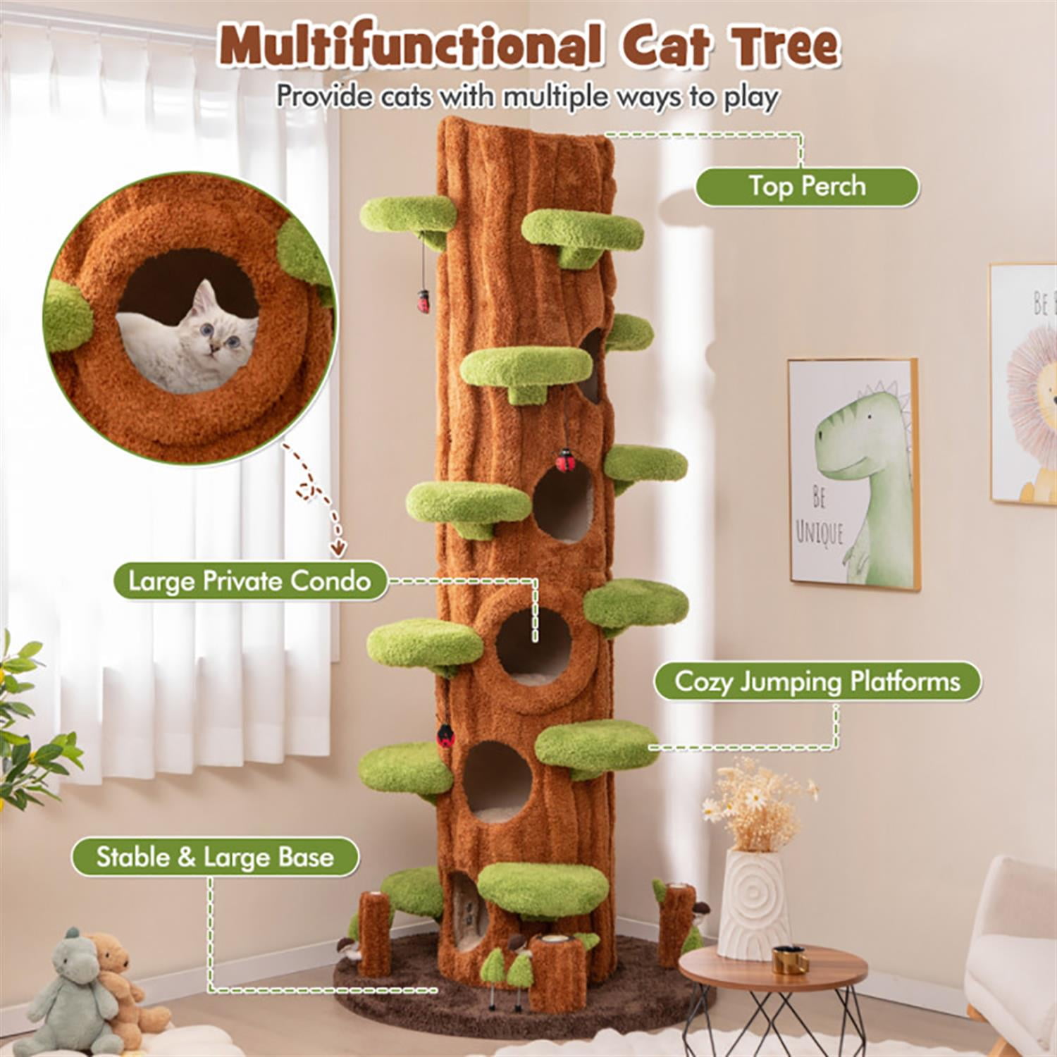 resenkos 90" Cat Tree Tower with Private Condos for Indoor Cats, Multifunctional Plush Cat House with Teasing Balls, Brown