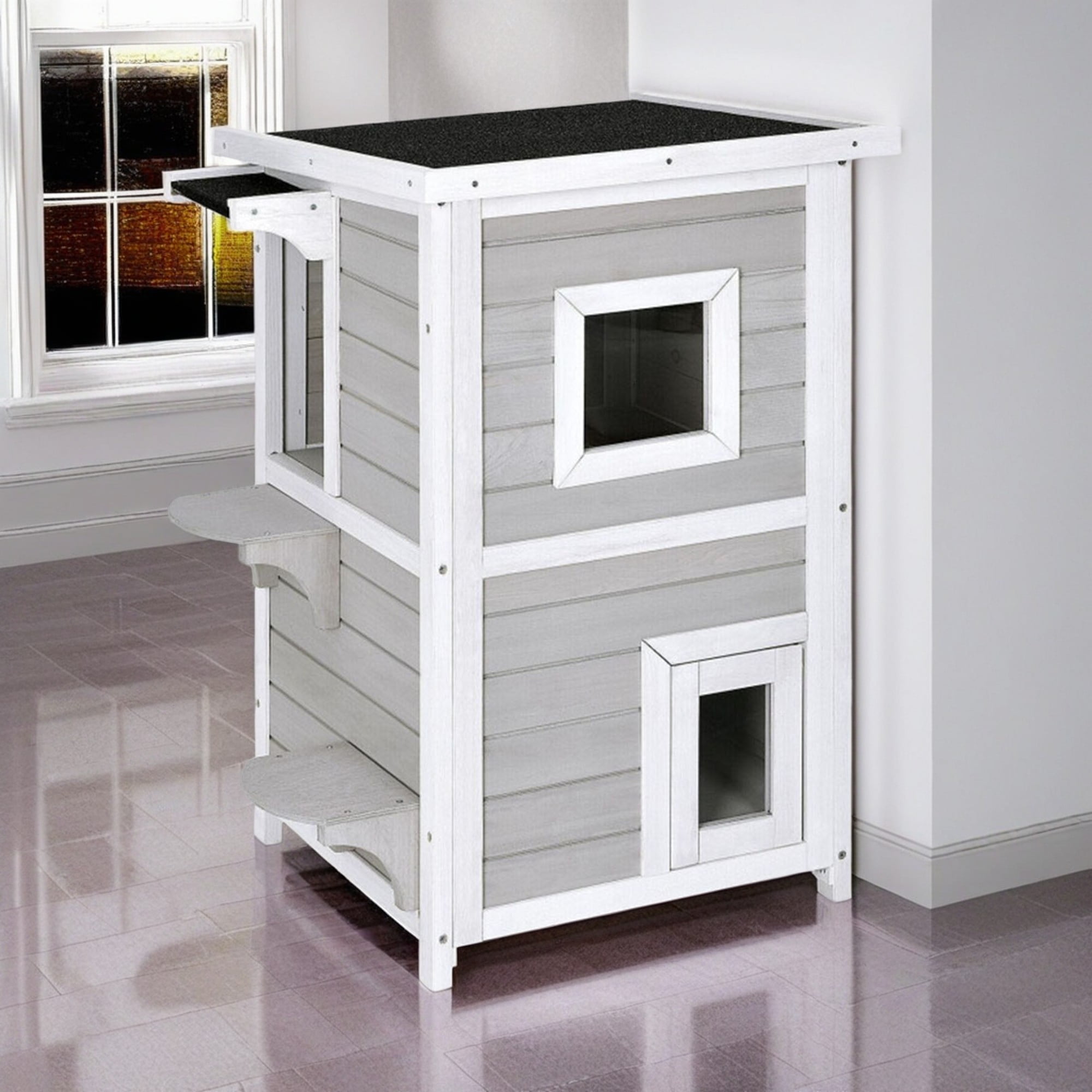 Pefilos 32" Cat House for Outdoor Cats, 2-Story Wood Cat Condo Weatherproof Cat Shelter with and Escape Door, Gray