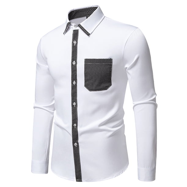 Blusa y camisa de manga larga con cuello vuelto para hombre, informal, a la moda, con estampado liso, botones, manga larga, cuello vuelto, blusa de poliéster para hombre