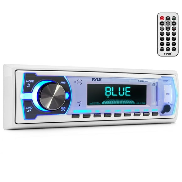 Pyle Radio Stéréo Bluetooth Marine - Système de Récepteur Radio Bateau en Tableau de Bord 12v Style DIN avec Micro Intégré, LCD Numérique, RCA, MP3, USB, SD, AM FM Radio - Télécommande