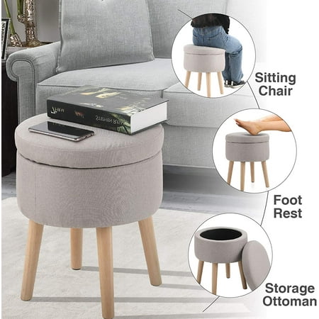 Mf Studio Round Storage Ottoman Shoe Change Footrest Stool With Removable Lid Tufted Vanity Dressing Chair Line Fabric Side Table Seat Tray Top Coffee Solid Wooden Legs Beige Com Mf Studio Round Storage Ottoman Shoe, Round Storage Ottoman Coffee Table