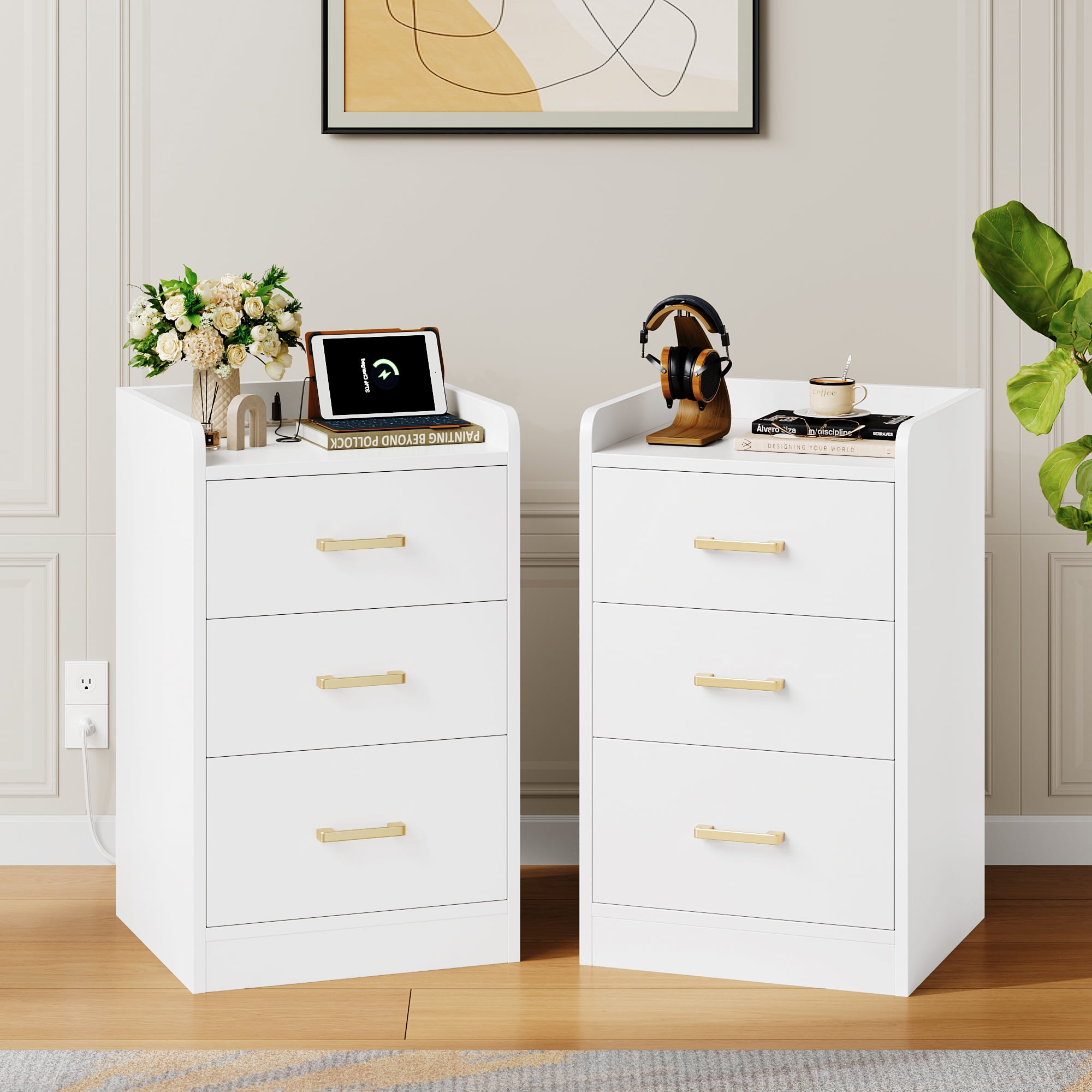 Homfa 2 Pcs White Nightstand for Bedroom, Storage Cabinet with Charging Station and 3 Drawers, Modern Sofa Table for Living Room
