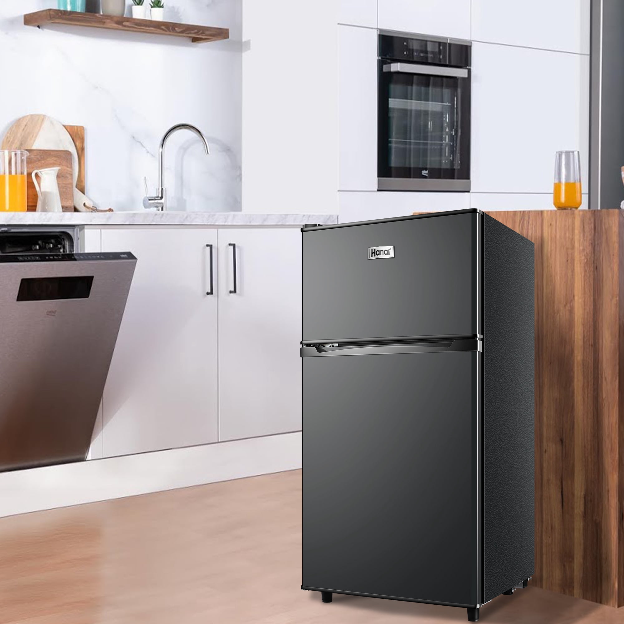3.5Cu.ft Two Door Mini Fridge with Freezer,7 Adjustable Thermostat,17.64*17.6*33.98 inches,Apartment Size Refrigerator,Dark Grey,New