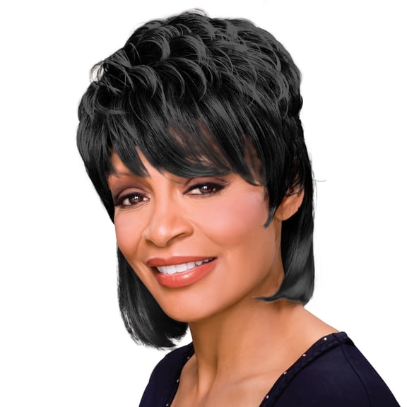 Peggy Wig Color 1 Black - Foxy Silver Wigs 10" Mid Length Chunk Layers Tapered Bangs Synthetic African American Lightweight Bundle Hairloss Booklet, Comb