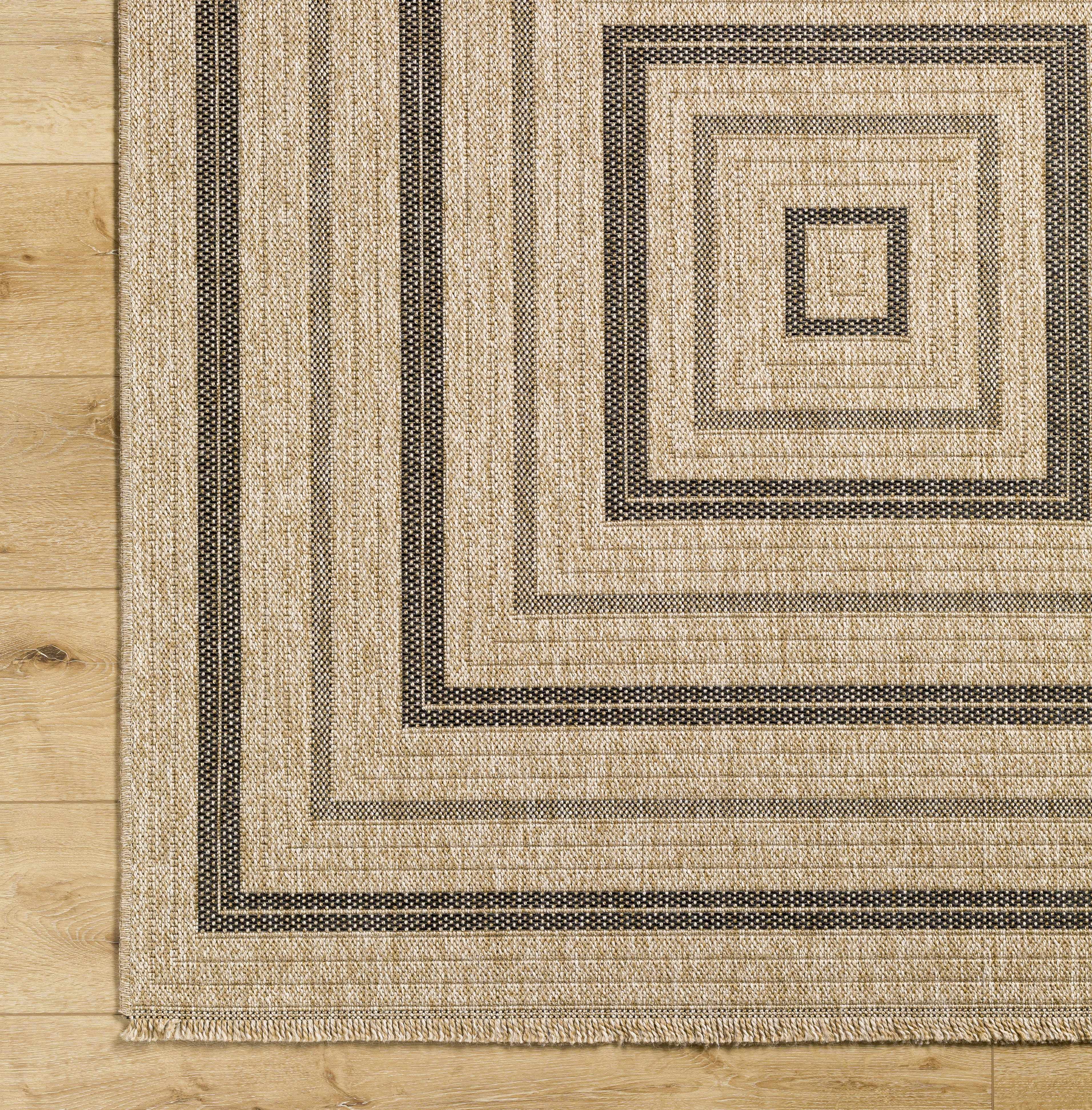 Hauteloom Beril Living Room, Bedroom Patio Outdoor Area Rug - Traditional, Transitional - Tan, Black White, White Tonal - 3'3" Square