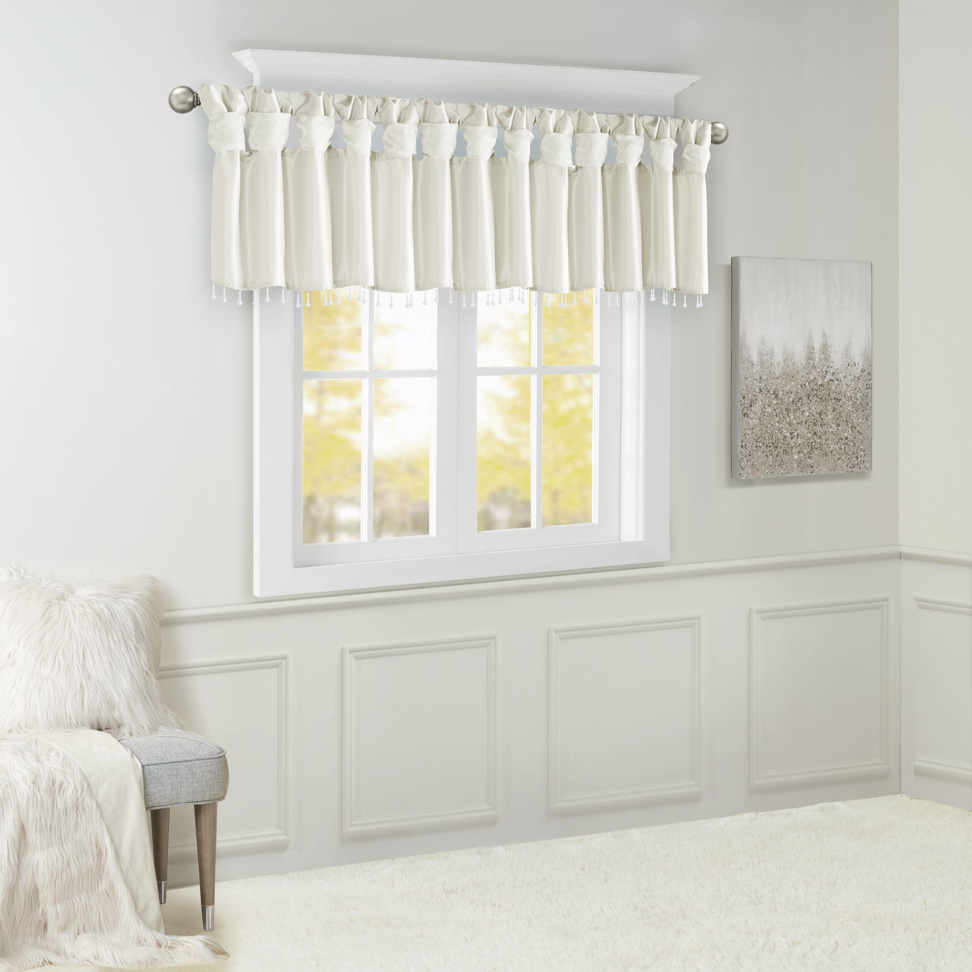 MAYEERTY 50x26" Lightweight Faux Silk Valance With Beads White