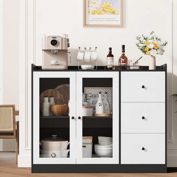 43 - pulgada moderno buffet gabinete con almacenamiento, guardrail design, adjustable estantes, y 3 cajones - wood buffet mesa para kitchen y dining room (negra y blanca)