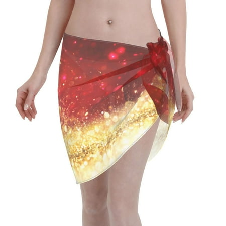Qekee Red Gold Glitter Women s Short Sarongs Cover Ups Sheer Bikini Wraps for Swimwear