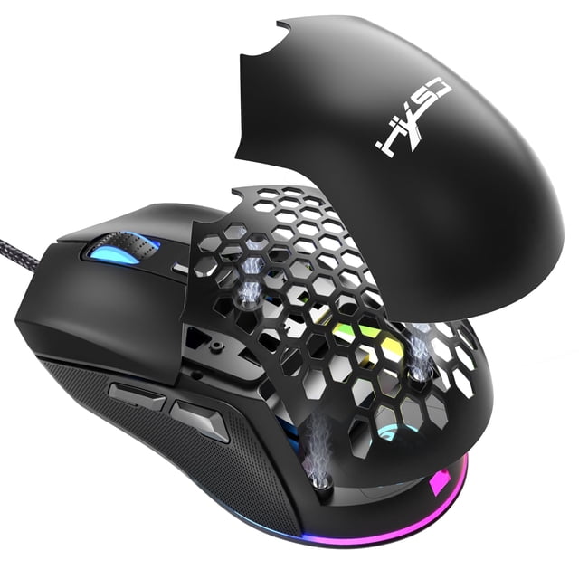 UHM Ratón para Juegos con Cable con Carcasa de Nido de Abeja Intercambiable, 7200 Ppp Ajustable, 6 Botones Programables, Gaming Mice Liviano con Retroiluminación RGB 12 para Windows PC Gaming y Oficina, Negro