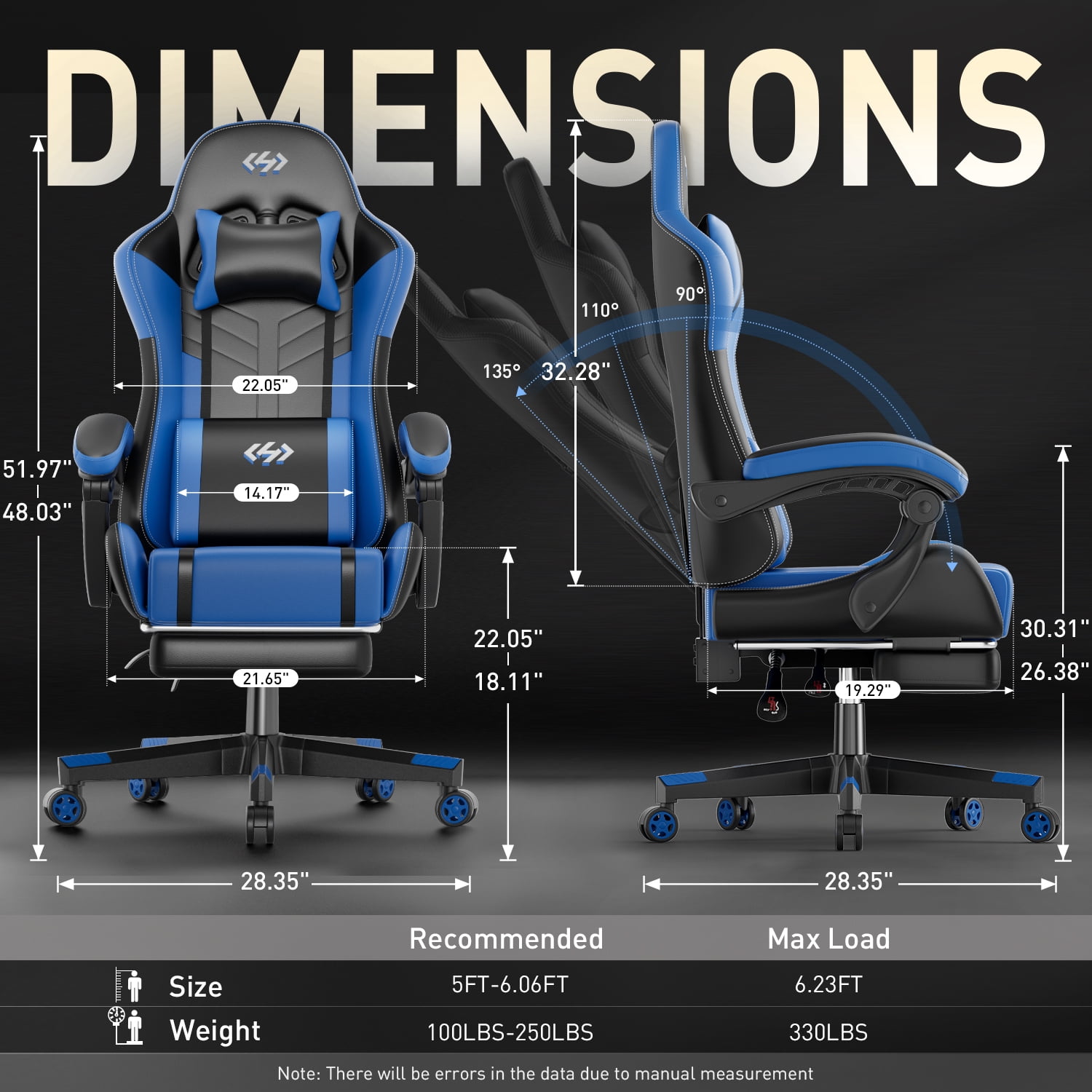 HLDIRECT Ergonomic High Back Gaming Chair with Pocket Spring Cushion, Game Chair with Footrest & Lumbar Massage, Gamer Chair, Computer Chair for Adults, Black & Blue