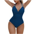 thumbnail image 2 of One Piece Swimsuits for Women Ruched Tummy Control Monokini Halter V Neck Backless Bathing Suits Flattering Slimming One Piece Suits, 2 of 3