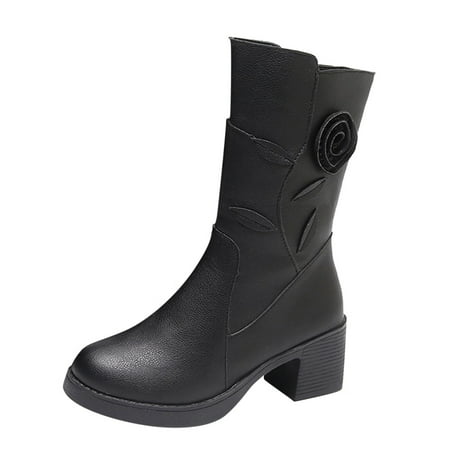 

Sehao womens flat dress shoes Fashion Autumn And Winter Women Ankle Boots Chunky Heel Medium Heel Solid Color Black Flowers Zipper PU womens winter shoes women casual shoes