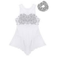 thumbnail image 3 of Kaerm Kids Girls Sequins Ballet Dance Leotard Dress Lyrical Latin Modern Dance Dress with Hair Tie White 8, 3 of 5