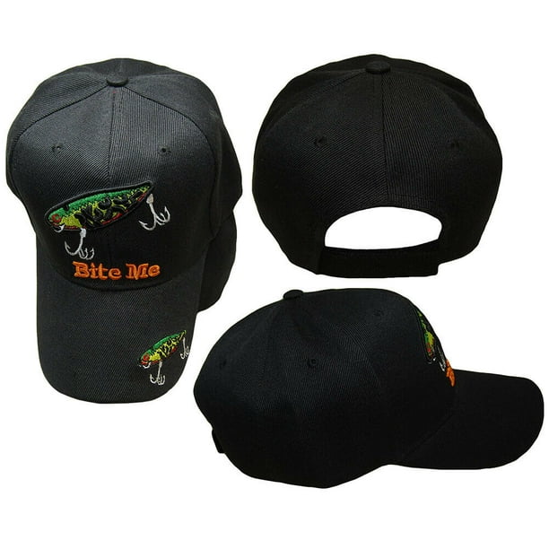 Fishing Lure Hook Bite Me Black Embroidered Hat Cap