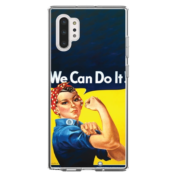 DistinctInk Clear Shockproof Hybrid Case for Galaxy Note 10 PLUS (6.8" Screen) - TPU Bumper, Acrylic Back, Tempered Glass Screen Protector - Rosie the Riveter