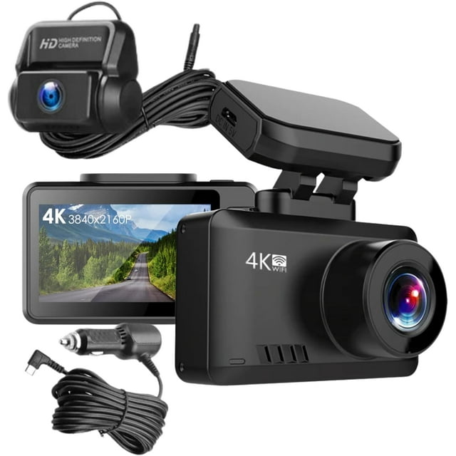 Mastery Brand DashCam WiFi Dual 4K/1080P para Auto – Cámara Delantera y Trasera con GPS, Visión Nocturna, Monitor de Estacionamiento 24/7 y Control Desde App