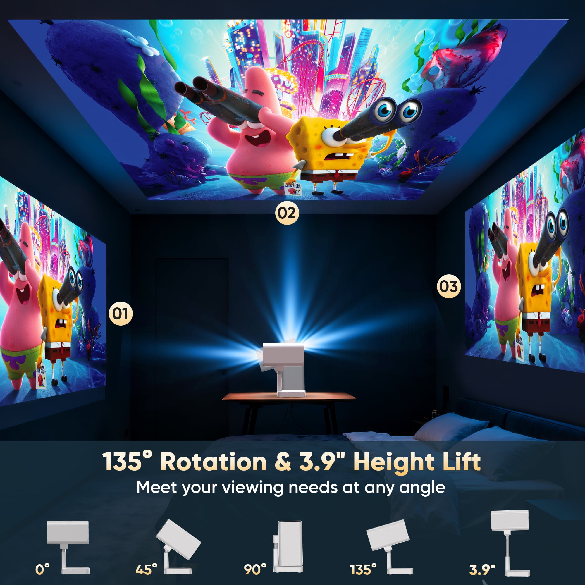 [Netflix Ready] Smart Projector with WiFi and Bluetooth, 4K 1080P Support, Electric Focus & Auto Keystone, Rotatable & Height-Adjustable Stand, Max 250" Screen