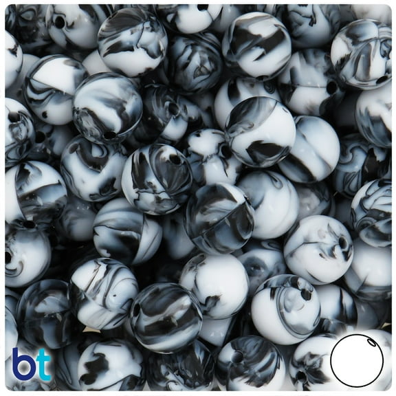 BeadTin Black Marbled 14mm Round Plastic Craft Beads (40pcs)
