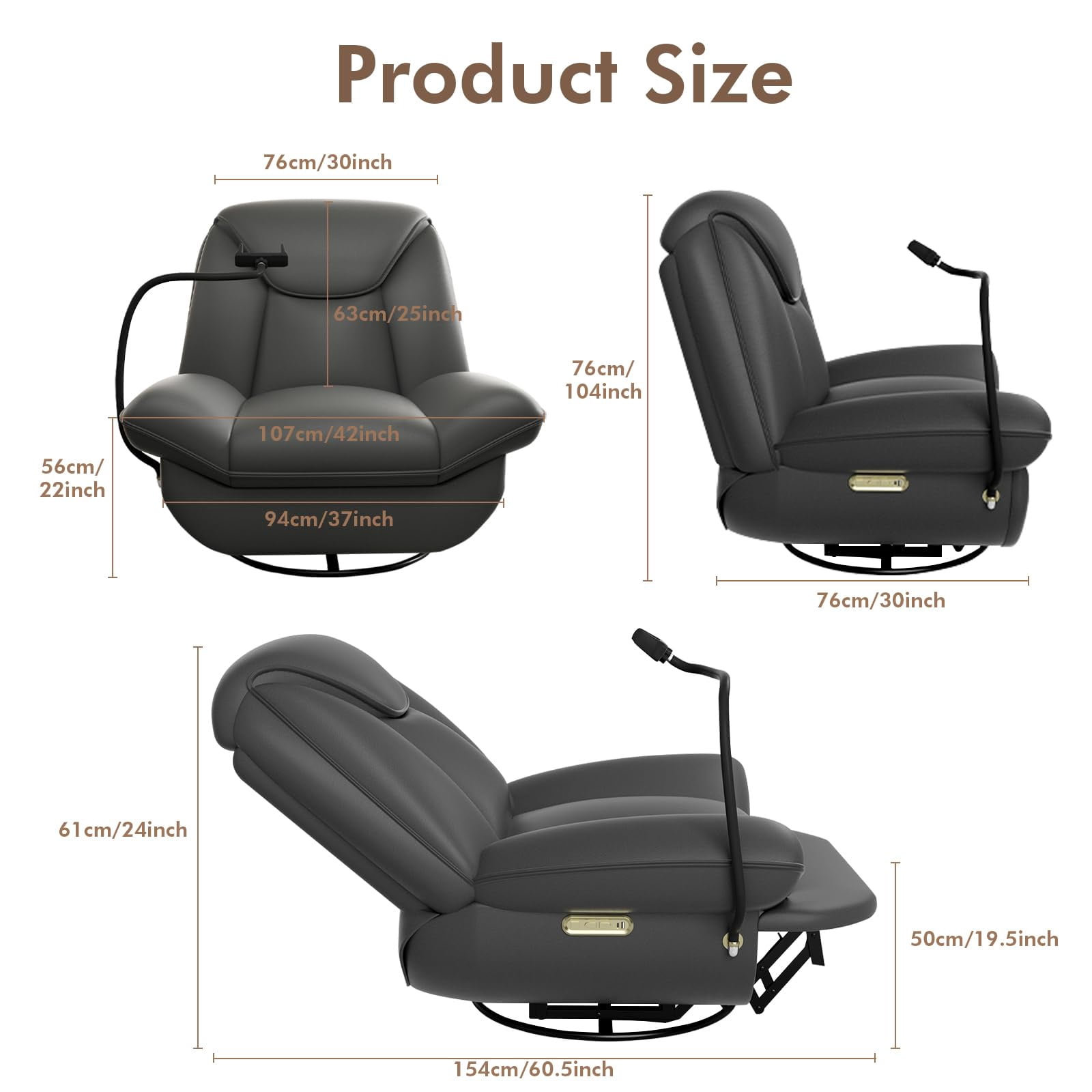 Oversized Power Recliner Chair with Voice Control, Swivel Glider and Bluetooth Speakers, Gray
