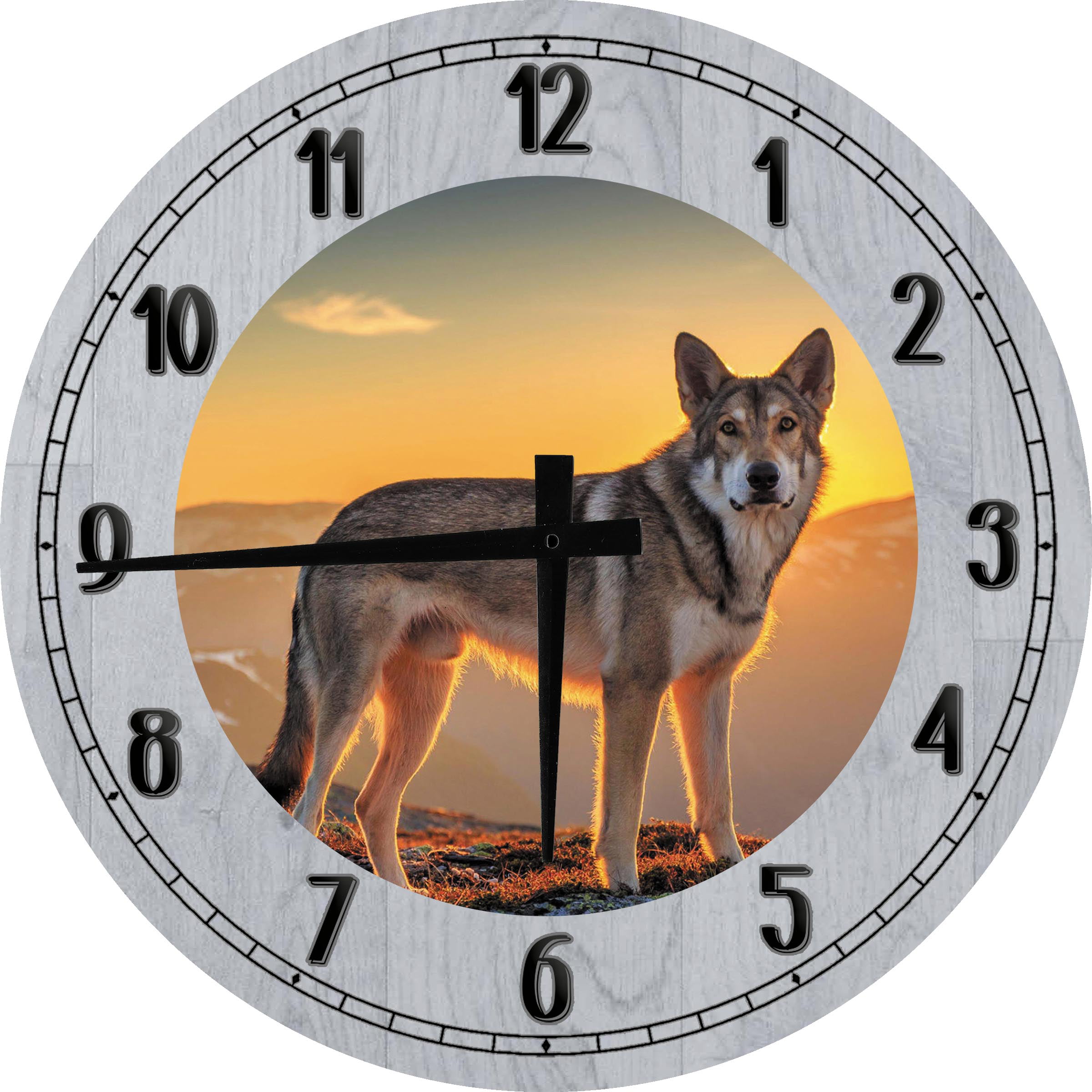 WOLF PAIR CLOCK AFFECTIONATE WOLVES GREY RUSTIC 30CM 12" WOODEN WALL CLOCK GIFT 