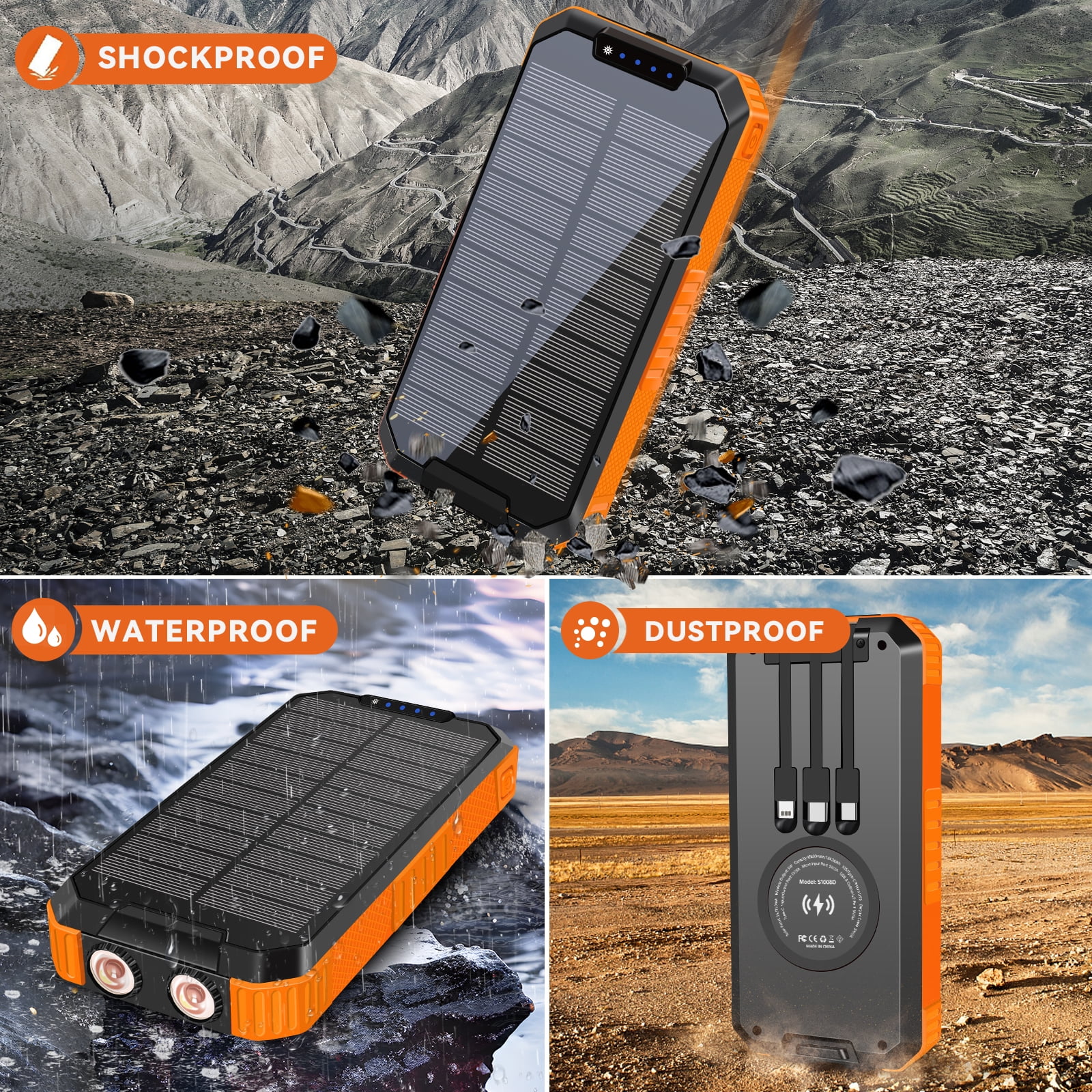 49800mAh Solar Power Bank Portable Solar Charger Built in 3 Cables and 5W Wireless Charger Power Bank,Built-in Super Bright Flashlight,Battery Pack Suitable for Outdoor Camping Hiking(Orange﻿)