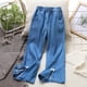 thumbnail image 2 of Odeerbi 5-12 Años Niños Niñas Vaqueros Flamed Slit Bow Denim Pantalones Cintura Elástica Casual Cowboy Pantalones, 2 of 6