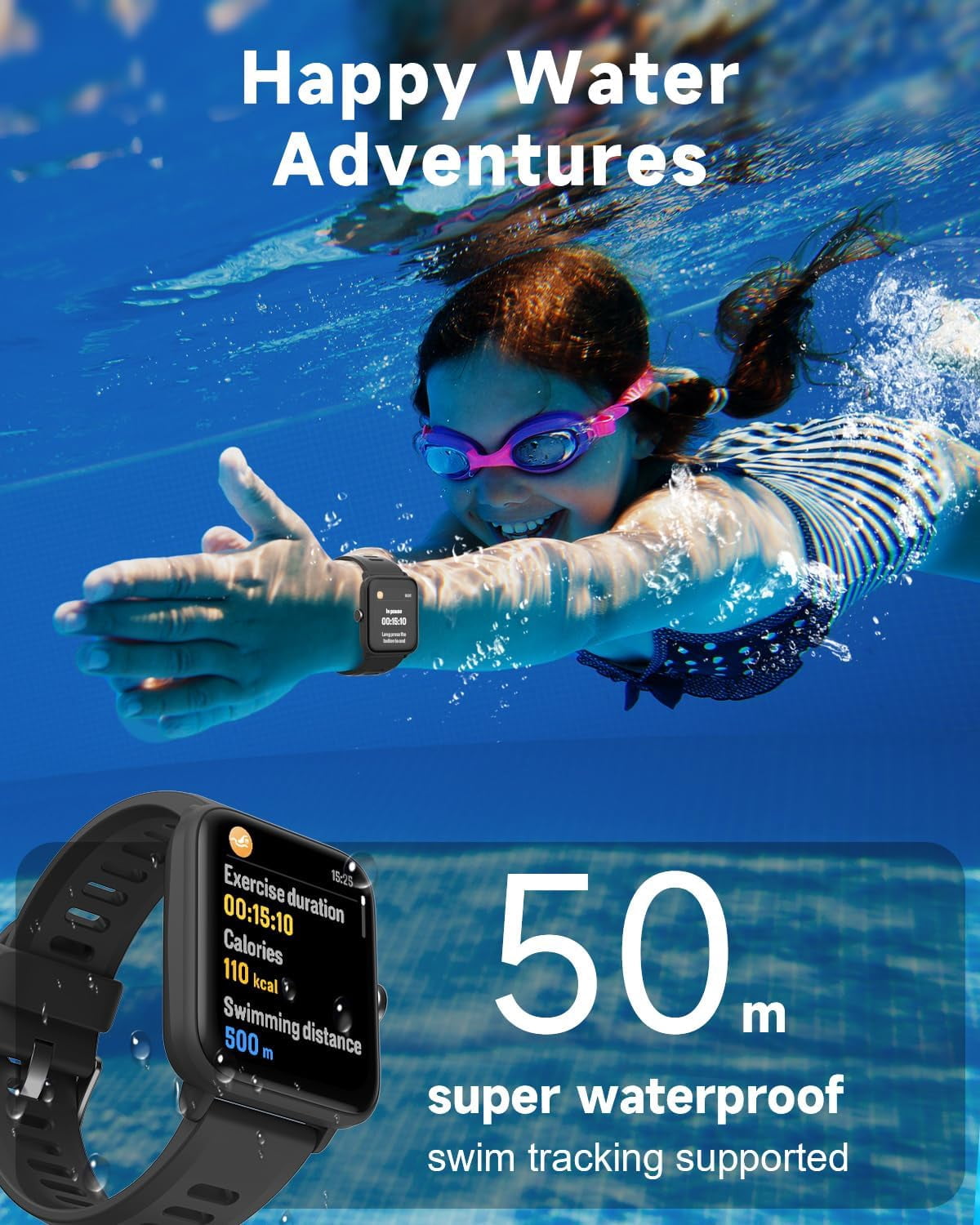 BIGGERFIVE Kids Smart Watch, 1.5''HD Touchscreen Fitness Tracker for Girls Boys, 5ATM Waterproof, Black