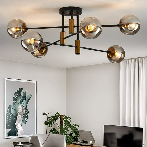 6-Light Glass Globe Sputnik Chandelier Modern Matte Black and Gold Ceiling Light Fixture Vintage Hanging Chandeliers for Farmhouse Living Room, Kitchen Dining Room Bedroom