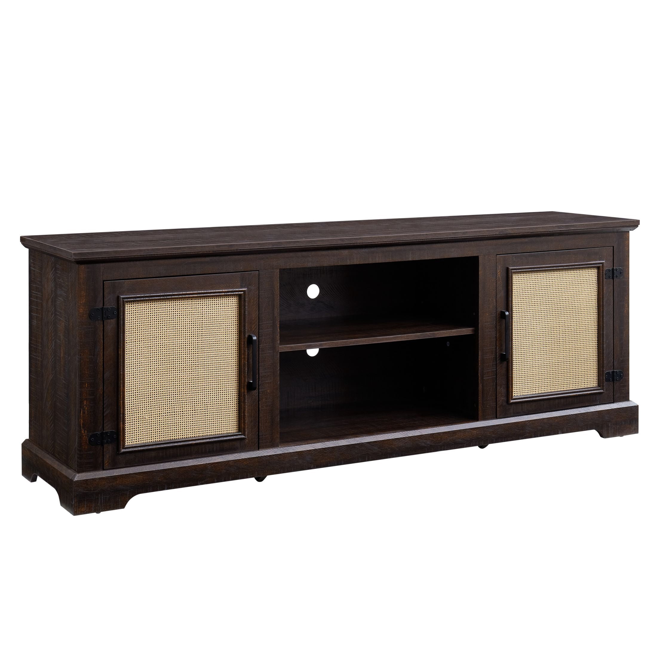DEALTOPS Farmhouse TV Stand with Rattan Doors and Adjustable Shelves for TVs Up to 70'', Espresso