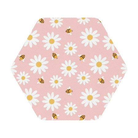 

Gaeub Daisy And Bee Print 6 Pcs Leather Coasters for Drinks Drink Coasters Sets Drink Table Cup Coasters for Living Room Kitchen Coffee Decor Hexagon