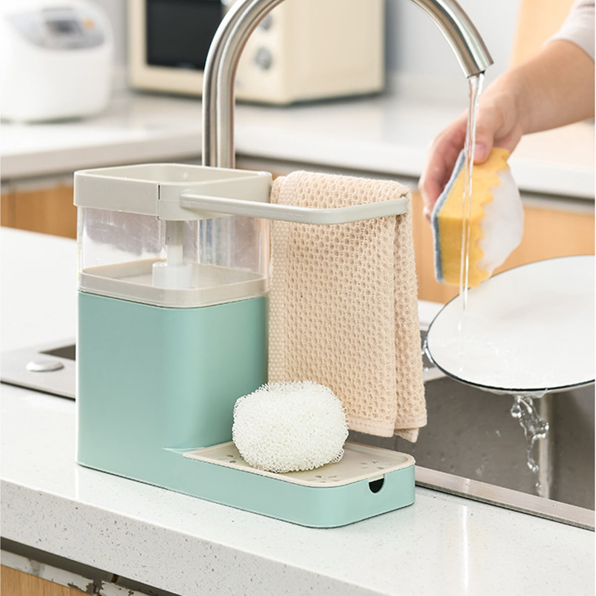 Bench top  Soap Pump Dispenser Sink White Grey Kitchen Sponge Brush Soap 