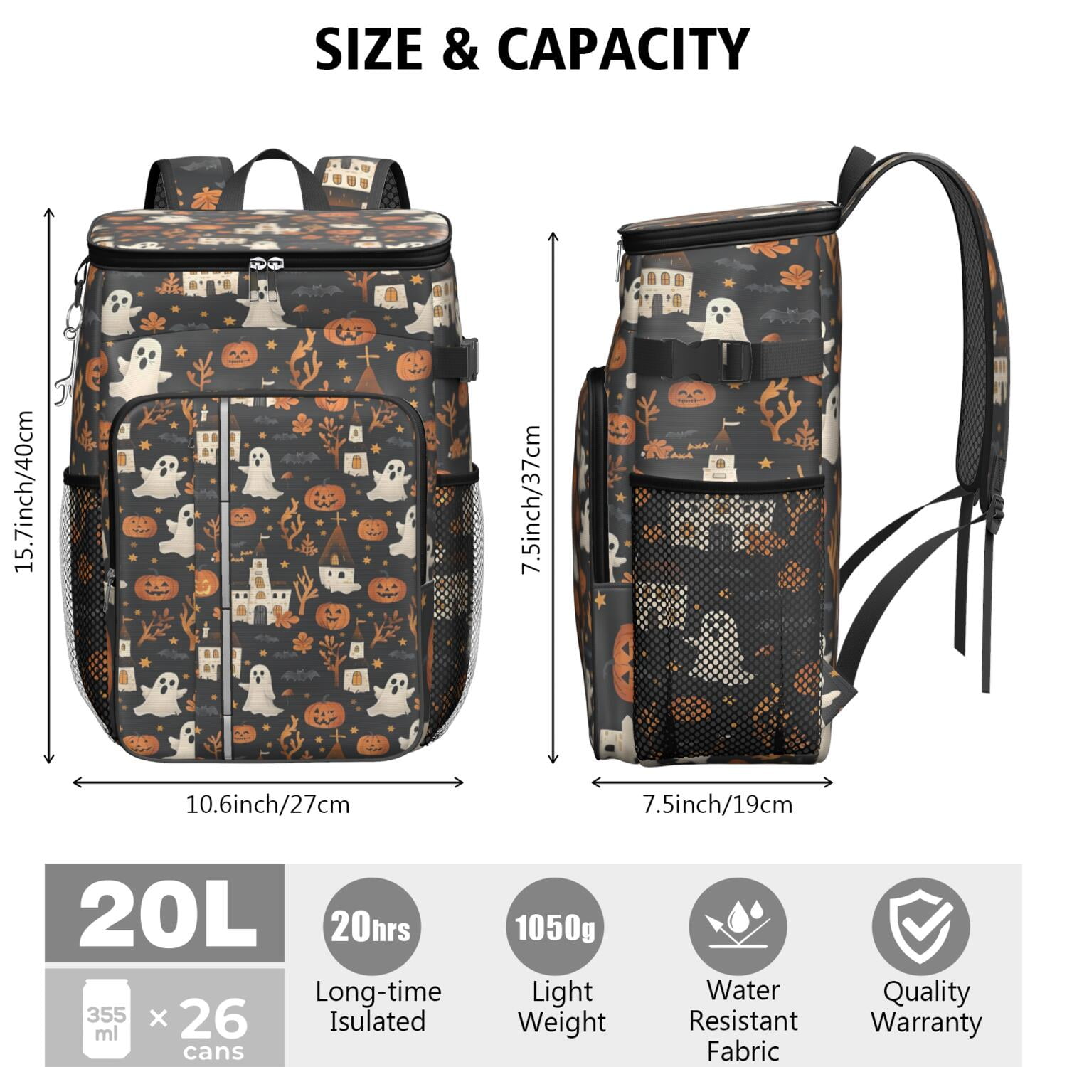 Travel Cooler Bag - Halloween Ghosts Pumpkins and Haunted Houses Camping Beer Cooler Backpack with Bottle Opener- Waterproof Insulated Picnic Backpacks - Cooler Bag for Beach