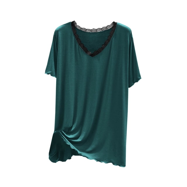 Blusas de Encaje para las Mujeres de Moda Tamaño Grande Cuello en V Color Sólido Camiseta de Manga Corta Abrigo de Casa