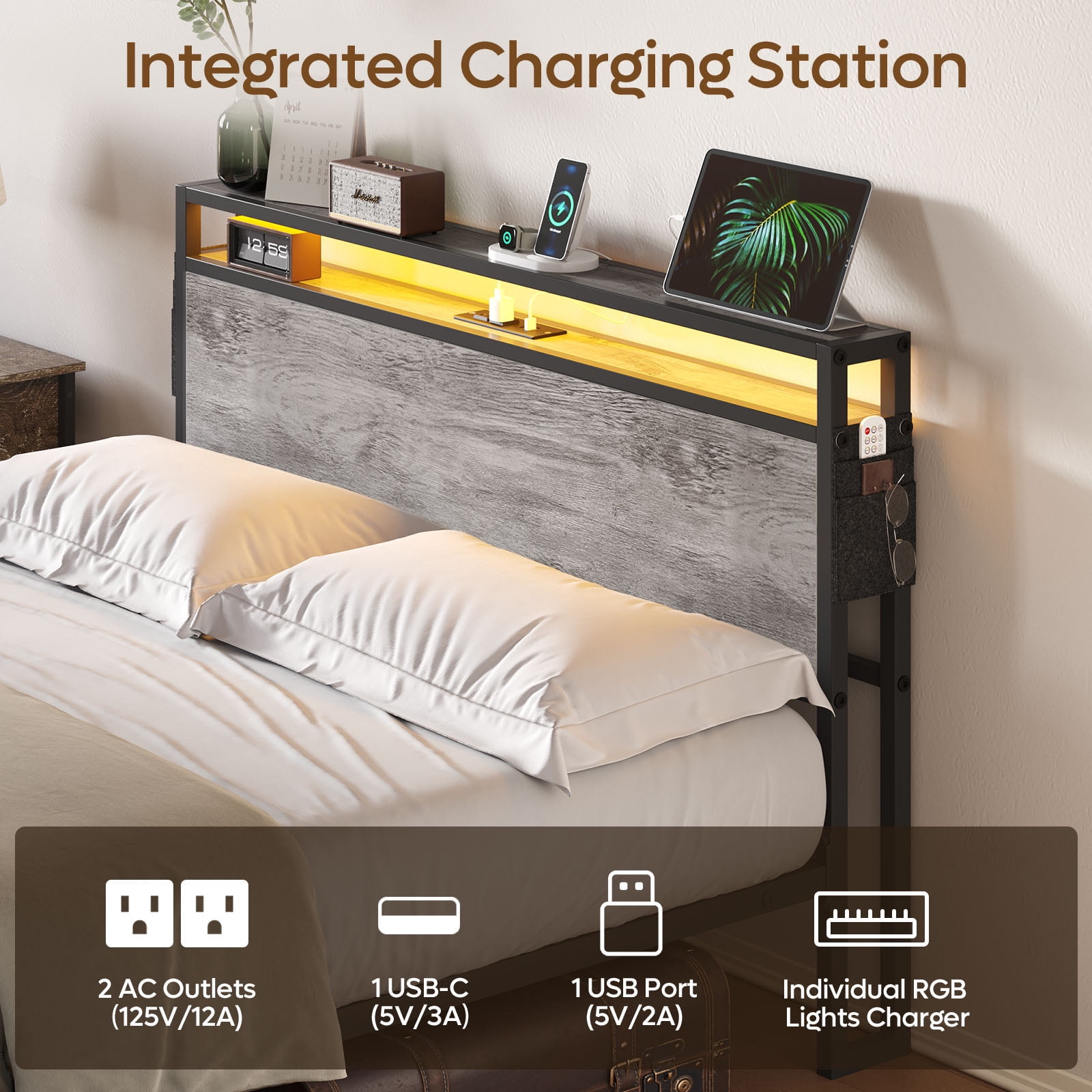 Bestier Queen Size Platform Bed Frame with Led Storage Headboard Charging Station and Bedside Caddy, Grey