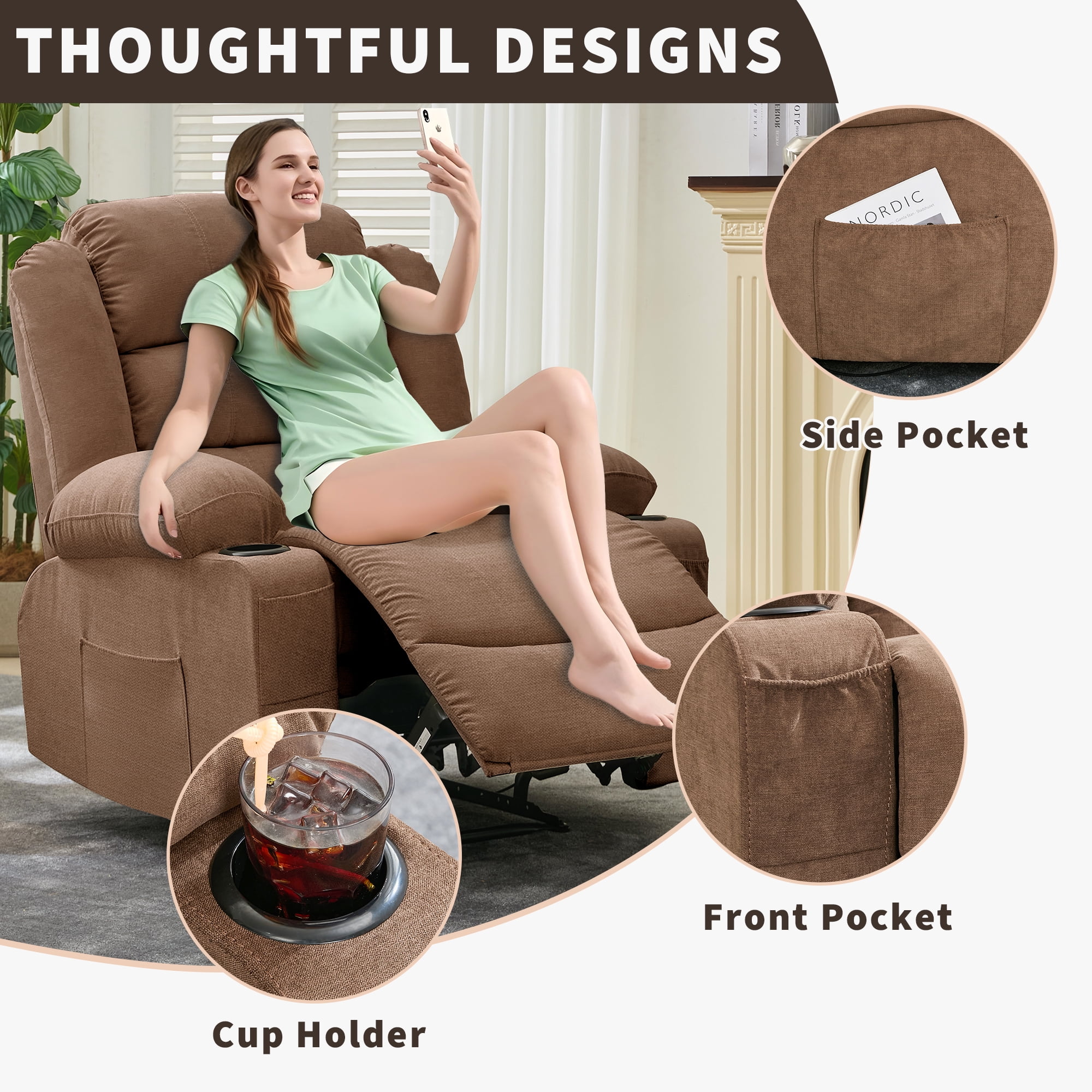 Wide Manual Recliner Chair for Adults, Oversized 37.4" Big & Tall Recliner with 3 Angle Modes, Breathable Chenille Fabric, 2 Cup Holders, Side Pockets, Heavy-Duty, 350 Lbs Capacity