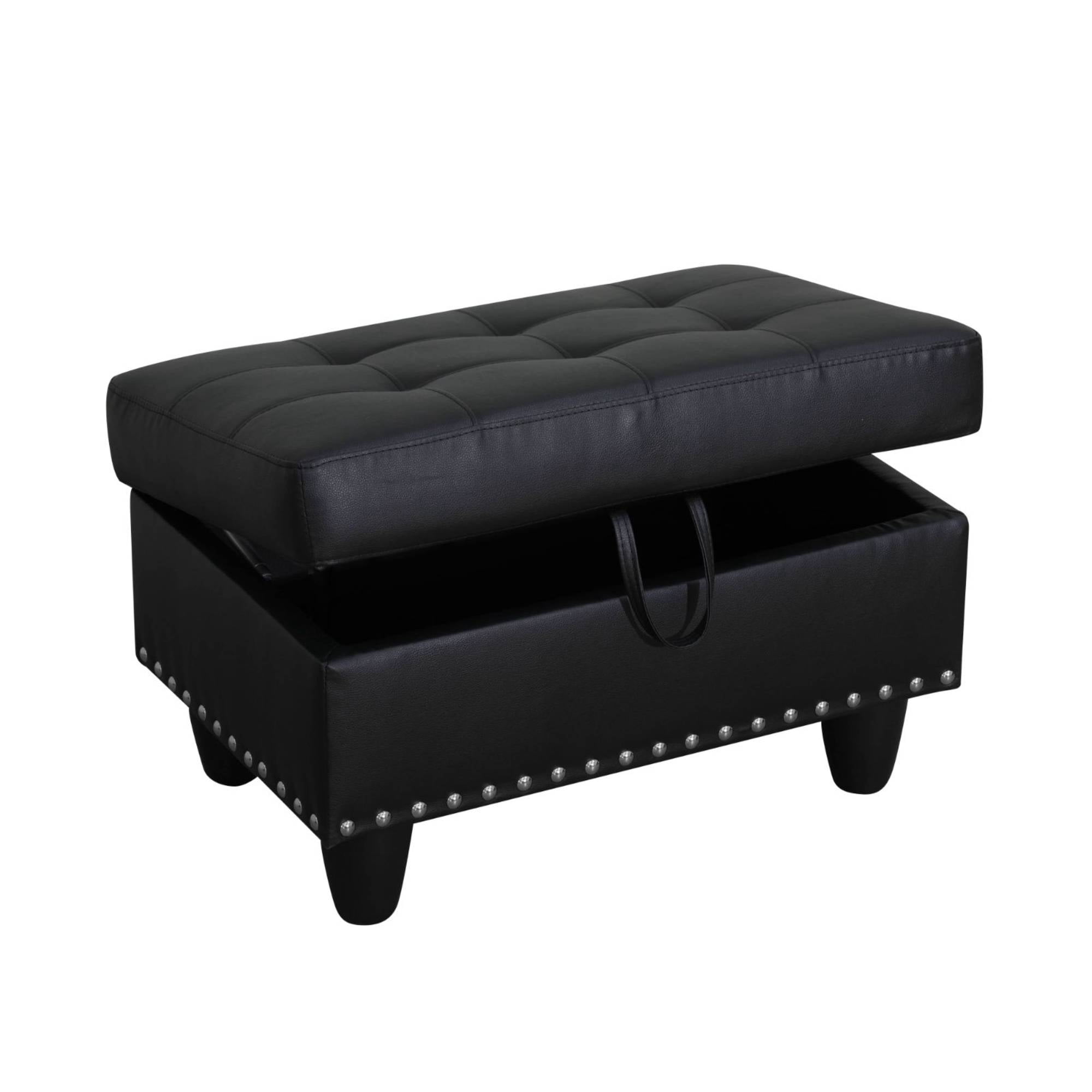 Leather Storage Ottoman Bench wiht Button Tufted, Nail-HeadFoot Rest Ottoman Stool for Living Room, Black