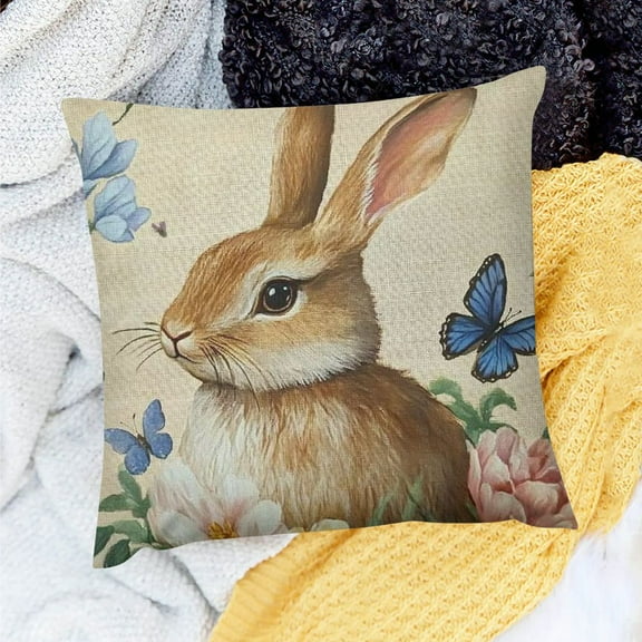 PRATYUS Easter Bunny Lumbar Decorative Throw Pillow Cover, Cute Rabbit Rose Flower Spring Outdoor Home Decor, Blue Floral Butterfly Seasonal Couch Cushion Case 18x18in