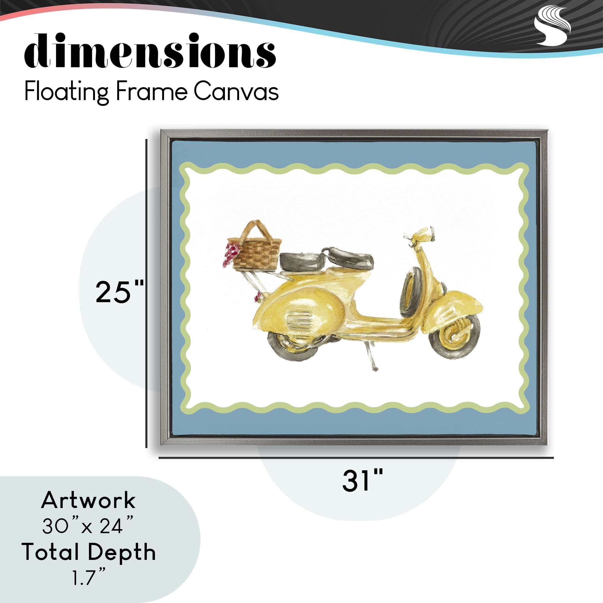 Stupell Industries Yellow Vespa with Wavy Border Gray Framed Floater Canvas Wall Art, design by Lanie Loreth