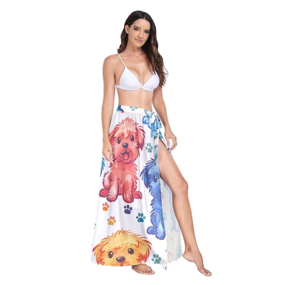Women's Beach Swimsuit Cover Ups Bathing Suit Coverups Bikini Wrap Dress for Swimwear Colorful Watercolor Dogs
